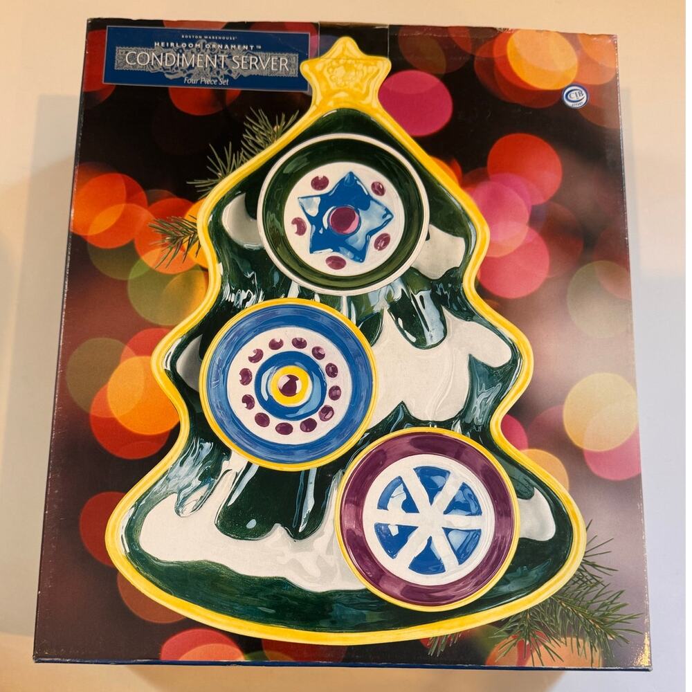 New in Box Vtg Boston Warehouse Heirloom Ornament Condiment Server Holiday 4pc